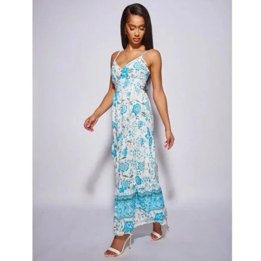 Blue Floral Print V-Neck Open Back Tiered Maxi Dress - Picture 7 of 15